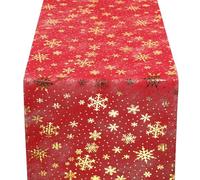 WELTRXE Christmas Table Runner Roll, 28cm x 15M Gold Foil Snowflakes Pattern on Red Table Runner, Reusable Cuttable Runner for Table, Gift Wrapping Xmas Festival Dinner Table Cloth Decor Decoration