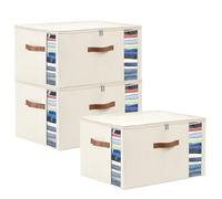 WELTRXE Clothes Storage Bag, 3 Pack 90L Storage Boxes with Lid, Zip, Foldable Wardrobe Storage Organiser, Oxford Fabric Moving Bag for Clothing, Bedding, Blanket, Duvet, Cream