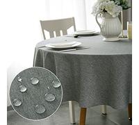 WELTRXE Round Table Cloth,180cm Diameter,Faux Linen Circular Tablecloth,Water Resistant Spill Proof Wipeable Polyester Dining Table Cover for Cafe Restaurant Buffet Tabletop Decoration,Grey
