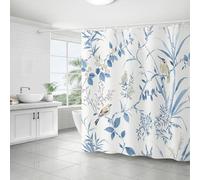 WELTRXE Shower Curtain Mould Proof Mildew Resistant, 183X183cm, Water Reisistant Polyester Fabric Shower Curtain with 12 Hooks, Weighted Hem, Blue Plant with Bird Pattern Bathtub Curtain, Quick Dry