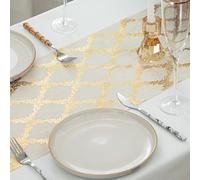 WELTRXE Table Runner with Gold Foil, 28cmx15m Faux Linen Polyester-Cotton Table Runner Roll for Table, Cuttable, Reusable, Sparkling Table Decoration for Wedding Birthday Party Christmas Dinner Decor