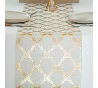 WELTRXE Table Runner with Gold Foil, 28cmx5m Faux Linen Polyester-Cotton Table Runner Roll for Table, Cuttable, Reusable, Sparkling Table Decoration for Wedding Birthday Party Christmas Dinner Decor