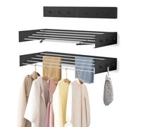 WELTRXE Wall Mounted Clothes Drying Rack, Collapsible Laundry Clothes Airer with 6 Hooks, Foldable Towel Rack, 80cm 5-Rod Retractable Metal Washing Line for Indoor Outdoor, Drying Space Saver, Black