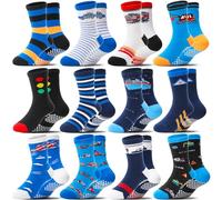 Welwoos Baby Boys Toddlers Grips Socks Non Slip Anti Skid Funny Cartoon Cosy Crew Cotton Gifts Socks 12 Pairs Stocking Fillers(Mix Blue Styles,9-14 Years)