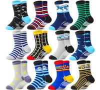 Welwoos Baby Boys Toddlers Grips Socks Non Slip Anti Skid Funny Cartoon Cosy Crew Cotton Gifts Socks 12 Pairs Stocking Fillers(Colored Striped,5-8 Years)