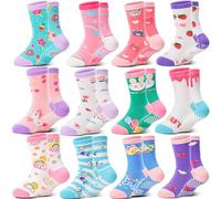 Welwoos Baby Girls Toddlers Grips Socks Non Slip Anti Skid Funny Animal Cartoon Cosy Crew Cotton Gifts Socks 12 Pairs Stocking Fillers(Colorful Flowers,3-5 T)