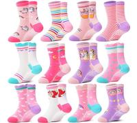 Welwoos Baby Girls Toddlers Grips Socks Non Slip Anti Skid Funny Animal Cartoon Cosy Crew Cotton Gifts Socks 12 Pairs Stocking Fillers(Pink Purple Unicorn,3-5 T)