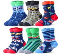Welwoos Kids Boys Fluffy Grips Socks Non Slip Anti Skid Thermal Winter Warm Thick Slipper Fun Cosy Bed Hospital Toddlers Socks 6 Pairs Christmas Gifts Stocking Fillers(Animal & Cars,8-12 Years)