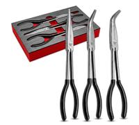 WELZH 3pc Long Needle Nose Plier Set 275mm Straight 45° 90° Chrome Vanadium Steel Angled Precision Pliers with Soft Grip Handles in EVA Foam Tray for Automotive Electrical Workshop Use 5802-WW