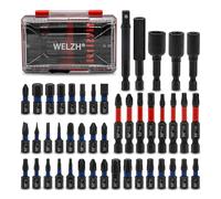 WELZH Impact Bit Set 45pc 1/4in Hex 25mm 50mm Torx Tamperproof Hex Slotted Phillips Pozidriv Magnetic Holder Adaptor Sockets 6 8 10mm Impact Grade Professional Workshop Use 6920-WW