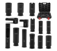 WELZH Oxygen Sensor Socket Set 14pc 17mm 19mm 20mm 21mm 22mm 27mm 28mm 30mm 1/2in 3/8in Drive Slotted Offset Hex 12 Point Exhaust Lambda Tool Kit Professional Workshop Use