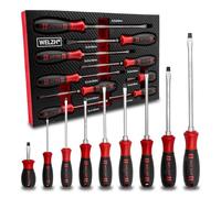 WELZH Screw Mate Slotted Screwdriver Set 9pc SL3 SL4 SL5.5 SL6.5 SL8 S2 Chrome Vanadium Steel Hex Shank Torque Assist DIN Standard Ergonomic Grip Tray Mate Professional Workshop Use 6502-WW