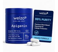 Welzo 100% Pure Apigenin 50mg - Natural Sleep Aid & Relaxation Supplement | Ultra High Purity Flavonoid, Zero Fillers, Non-GMO, GMP Certified & Third-Party Lab Tested - 60 Vegan Capsules (30 Servings)