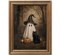 Wemandh Vintage Halloween Wall Art, Gold Framed Cute Ghost and Black Cat Canvas Print, Dark Academia Spooky Room Decor, Witch Hat Pumpkin Fall Picture for Gothic Home Office (9.5'' x 12'')