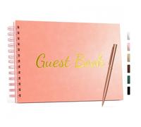 WEMATE Wedding Guest Book,Leather Weddings Receptions,Suitable for Baby Showers,Birthday and Special Events,Polaroid Guest Book with A Pen and 136 Blank&Lined Pages for Sign in and Photos 7"x10″ Pink
