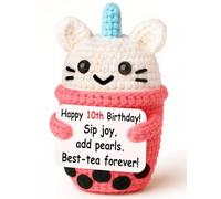 Weming Best Friend Birthday Gift for 10 Year Old Girls - Mini Crochet Boba Tea Plush with 10th Birthday Pun sign, Handmade 10cm, Matcha Pink, Kawaii Desk Decor, Trendy Present