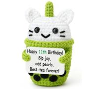 Weming Best Friend Birthday Gift for 11 Year Old Girls - Mini Crochet Boba Tea Plush with 11th Birthday Pun sign, Handmade 10cm, Matcha Pink, Kawaii Desk Decor, Trendy Present