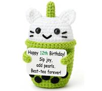 Weming Best Friend Birthday Gift for 12 Year Old Girls - Mini Crochet Boba Tea Plush with 12th Birthday Pun sign, Handmade 10cm, Matcha Pink, Kawaii Desk Decor, Trendy Present