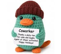 Weming Coworker Secret Santa Gift - Mini Crochet Platypus Plush with Story Sign, Handmade 4-inch, “Platy-ton Thanks”, Office Desk Decor, Stocking Stuffer, Funny
