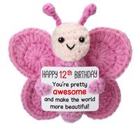 Weming Pink Crochet Butterfly 12th Birthday Gift for Girls, Handmade 4" Amigurumi Plush with “Happy 12th Birthday” Sign, Cute Desk Decor, Small Stuffed Butterfly for Daughter Tween