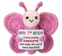 Weming Pink Crochet Butterfly 7th Birthday Gift for Girls, Handmade 4" Amigurumi Plush with “Happy 7th Birthday” Sign, Cute Desk Decor, Small Stuffed Butterfly for Daughter Tween Granddaughter