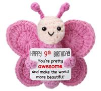 Weming Pink Crochet Butterfly 9th Birthday Gift, Handmade 4" Amigurumi Plush with “Happy 9th Birthday” Sign, Cute Small Stuffed Butterfly for Girls Daughter Granddaughter Tween Desk Decor