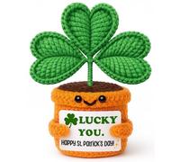 Weming St Patricks Day Gifts for Women, Handmad Crochet Green Shamrock with Happy St Patricks Day Card, Decorations for Office Home Table, Irish Blessing Gifts for Teen Girl Coworkers