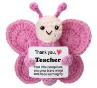 Weming Teacher Mini Crochet Butterfly Plush with Story Card, Handmade 8-10cm, Classroom Desk Decor, Stocking Stuffer, Secret Santa, Growth Wings Appreciation