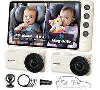 WEMOH Magnetic Dual Baby Car Camera for Two Kids, 1080P IPS Display with Magnetic Mount, 3 Modes(Zoom/Mirror/Split), Automatic Night Vision, USB-Powered Car Camera for Baby Rear Facing -White 2 Cams