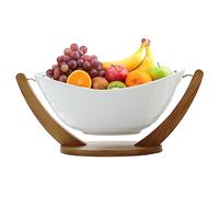 WEMUBSU Large Ceramic Fruit Bowl with Wood Stand and Strainer, Fruit Basket for Kitchen Counter, Table Centerpiece, Party, Bar, Large Salad Serving Bowl, Modern, White