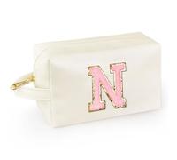 WEMVP Personalized Initial Makeup Bag with Handle, Preppy Cosmetic Bag with Inner Zipper Pocket, 8 9 10 11 12 13 14 Years Old Girl, Graduation Gifts for Teen Girls Women Teachers, White, N