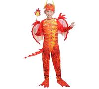 WENAUANG Children's Dragon Costume, Flame Dragon Rider Jumpsuits with Dragon Wings and Mask, with Burning Hand Stick and Tail Dragon Costume, for Party, Carnival, Cosplay Costume (110 cm)