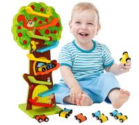 WENAUANG Wooden Marble Run with Animal Motifs, Premium Wooden Toy with 3 Cars, Wooden Rail with Squirrel Pattern, Woodpecker Owl, Monkey Pattern, Racing Track Educational Toy Gift, for 1-2 Boys and