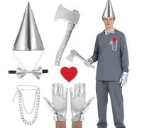 Wenceda 5PCS Tin Costume Accessories for Man, Silver Funnel Hat/Fake Axe/Spandex Gloves/Bow Tie/Breastpin/Red Felt Heart, Tin Man Costume Accessories for Men Adults Party Cosplay Halloween