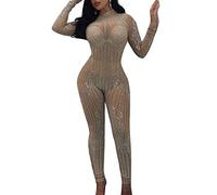 Wenchuang Womens Long Sleeve See Through Mesh Rhinestone Sparkly Bodycon Jumpsuit Clubwear Apricot L