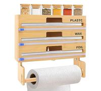 WENCY 4 in 1 Bamboo Plastic Wrap Dispenser with Cutter and Paper Towel Holder, Fits 12" Roll