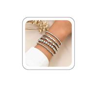 Wendalern Gold Beads Bracelets Set Stacking Cube Beads Chain Bracelets Stretchy Strands Round Beads Bracelets Pearl Ball Link Chain Bracelets Handmade Elastic Hand Jewellery for Women, Acrylic