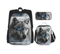 WenDang Blue Eyes Wolf Double Shoulder Bag Set with Lunch Bag and Pencil Case, fit for Shopping, Outdoor Sports