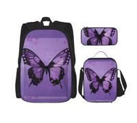 WenDang Butterfly Purple Double Shoulder Bag Set with Lunch Bag and Pencil Case, fit for Shopping, Outdoor Sports