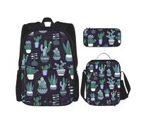WenDang Cactus Succulent Plant Double Shoulder Bag Set with Lunch Bag and Pencil Case, fit for Shopping, Outdoor Sports
