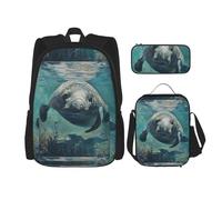 WenDang Crazy Save Manatee Double Shoulder Bag Set with Lunch Bag and Pencil Case, fit for Shopping, Outdoor Sports