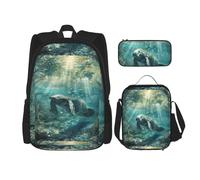 WenDang Crazy Save Manatee Double Shoulder Bag Set with Lunch Bag and Pencil Case, fit for Shopping, Outdoor Sports