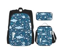 WenDang Cute Blue Fish 1 Double Shoulder Bag Set with Lunch Bag and Pencil Case, fit for Shopping, Outdoor Sports
