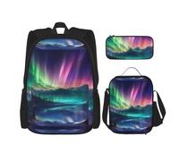 WenDang Dark Northern Lights Double Shoulder Bag Set with Lunch Bag and Pencil Case, fit for Shopping, Outdoor Sports