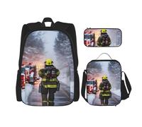 WenDang Firefighter Fireman Flame Double Shoulder Bag Set with Lunch Bag and Pencil Case, fit for Shopping, Outdoor Sports