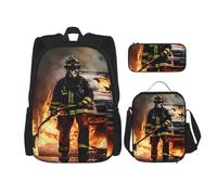 WenDang Firefighter Fireman Flame Double Shoulder Bag Set with Lunch Bag and Pencil Case, fit for Shopping, Outdoor Sports