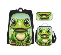 WenDang Green Frog Double Shoulder Bag Set with Lunch Bag and Pencil Case, fit for Shopping, Outdoor Sports