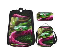 WenDang Green Snake Double Shoulder Bag Set with Lunch Bag and Pencil Case, fit for Shopping, Outdoor Sports