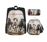 WenDang Horses Running Art Double Shoulder Bag Set with Lunch Bag and Pencil Case, fit for Shopping, Outdoor Sports