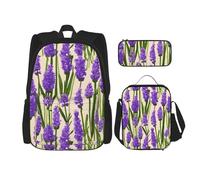 WenDang Lavender Stamp Double Shoulder Bag Set with Lunch Bag and Pencil Case, fit for Shopping, Outdoor Sports